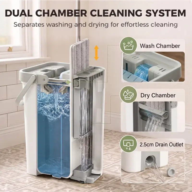 Dual-chamber mop bucket with wringer and flat mop head, separate wash and dry compartments