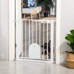 White pet safety gate in doorway position with arched cat door and pressure mounts