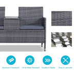 Grey rattan-style bench with center table, woven backrests, and two seat cushions