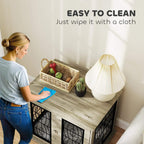 Gray dog crate end table with elevated door panels; washable surface wiping recommended.