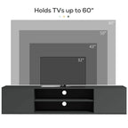 Grey floating TV stand cabinet holding TV up to 60 inches with center open shelf