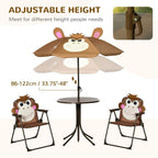 Brown monkey sun umbrella with round table and two folding chairs, adjustable-height pole
