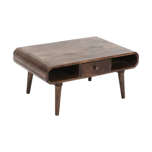 Dark mango wood coffee table with drawer and open side storage compartment