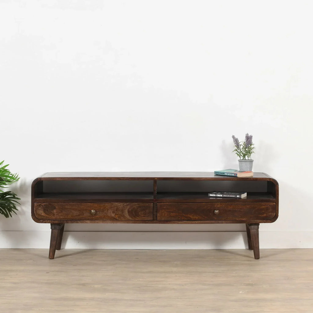wl07-franklin-dark-mango-wood-large-tv-stand-with-2-drawers-lifestyle - Bobobiy