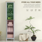 Grey bathroom linen tower with 3 open shelves and bottom louvered cupboard door.