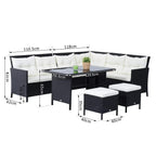 Black rattan corner dining sofa set with white cushions and rectangular coffee table