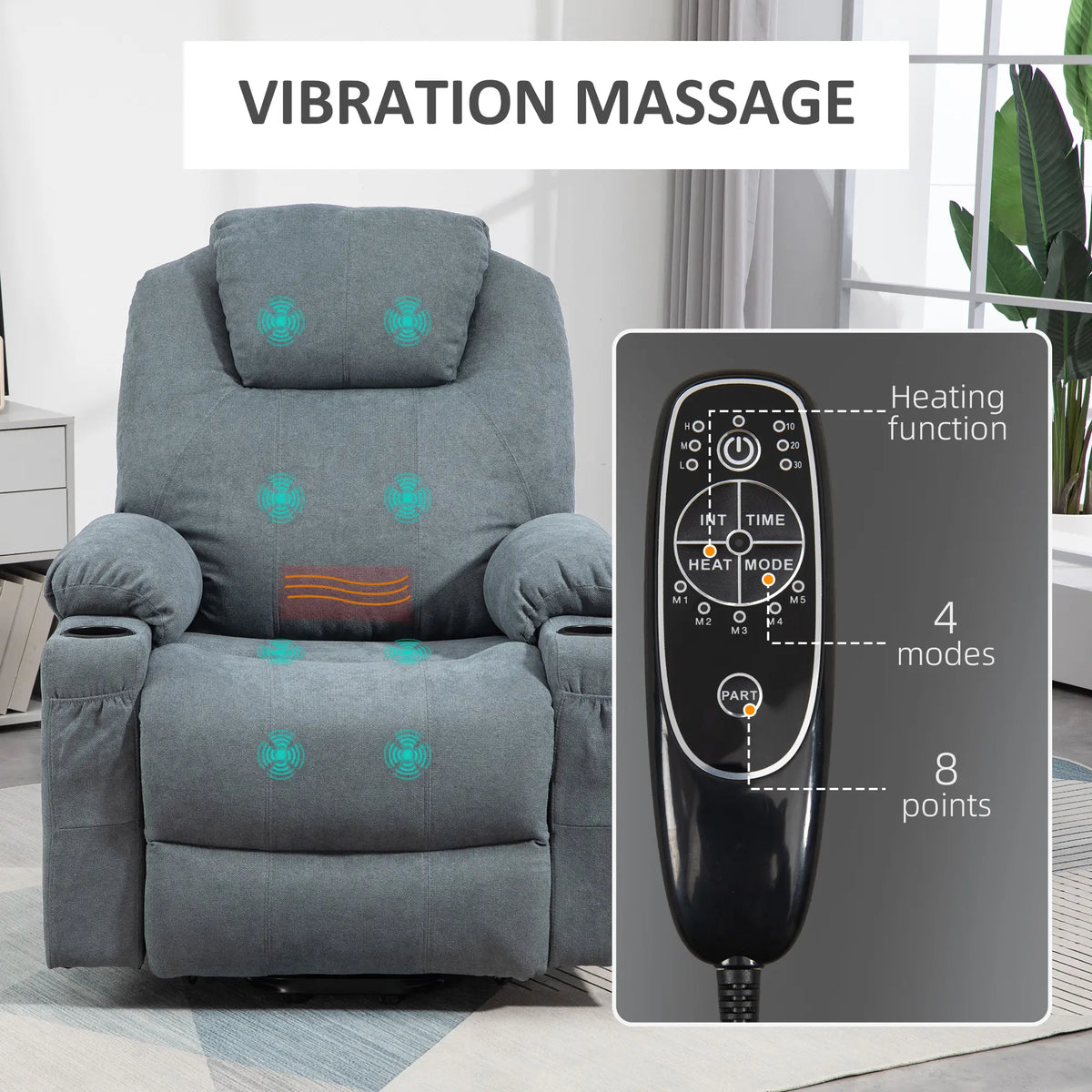 Massage armchair with heating function, remote control and marked massage points