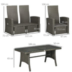 Grey outdoor rattan seating set with dimensions shown for chairs and glass-top table
