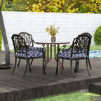 4-piece patio chair cushion pillows in navy blue with white geometric pattern and tie straps