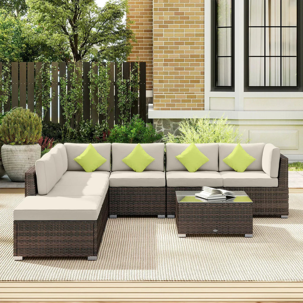 8 Piece Rattan Corner Sofa Set with Wide & Deep Seat, Assembled Aluminium PE Rattan Garden Furniture Set with Thick Cushions and Glass Top Table for Outdoor, Conservatory, Mixed Brown - Bobobiy
