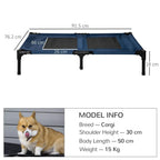 Raised pet cot bed with black frame and blue mesh, shown with height and length labels