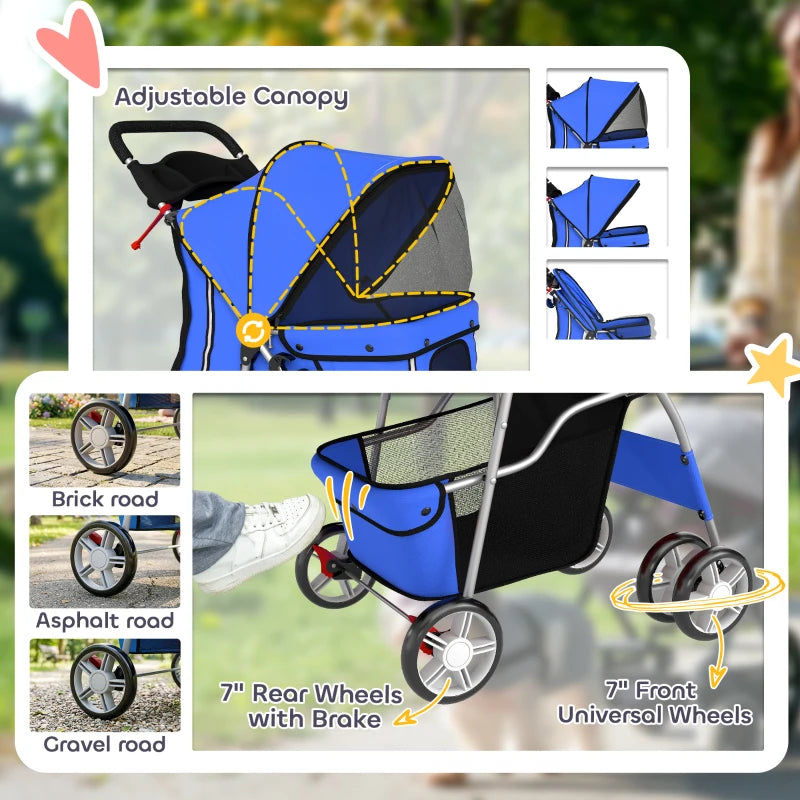 Blue pet stroller with adjustable canopy, mesh side, and large front and rear wheels