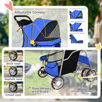 Blue pet stroller with adjustable canopy, mesh side, and large front and rear wheels