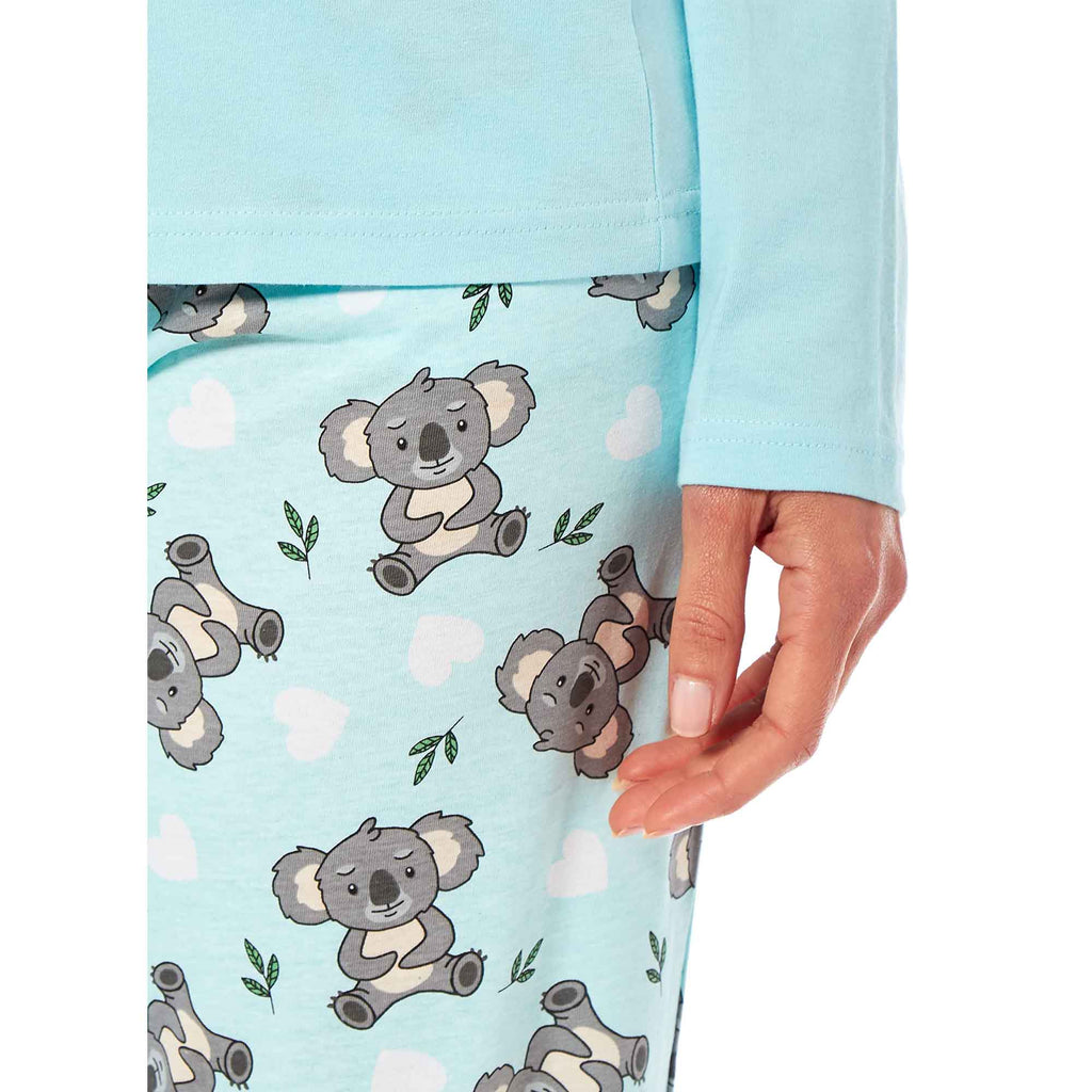 Women's 100% Cotton Koala Bear Print Pyjama Set Comfortable Long Sleeve Top and Elasticated Pants for Sleeping and Lounging Available in Small Medium Large X-Large