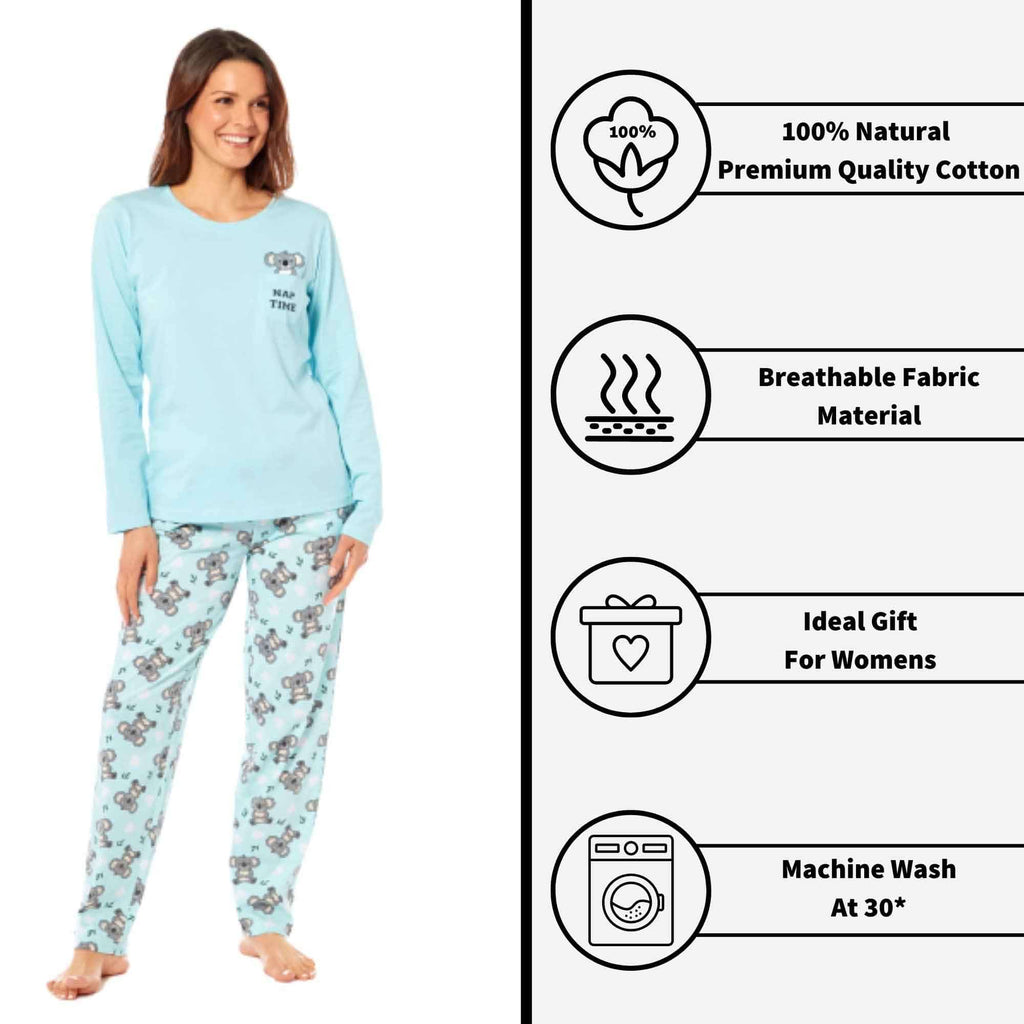 Women's 100% Cotton Koala Bear Print Pyjama Set Comfortable Long Sleeve Top and Elasticated Pants for Sleeping and Lounging Available in Small Medium Large X-Large