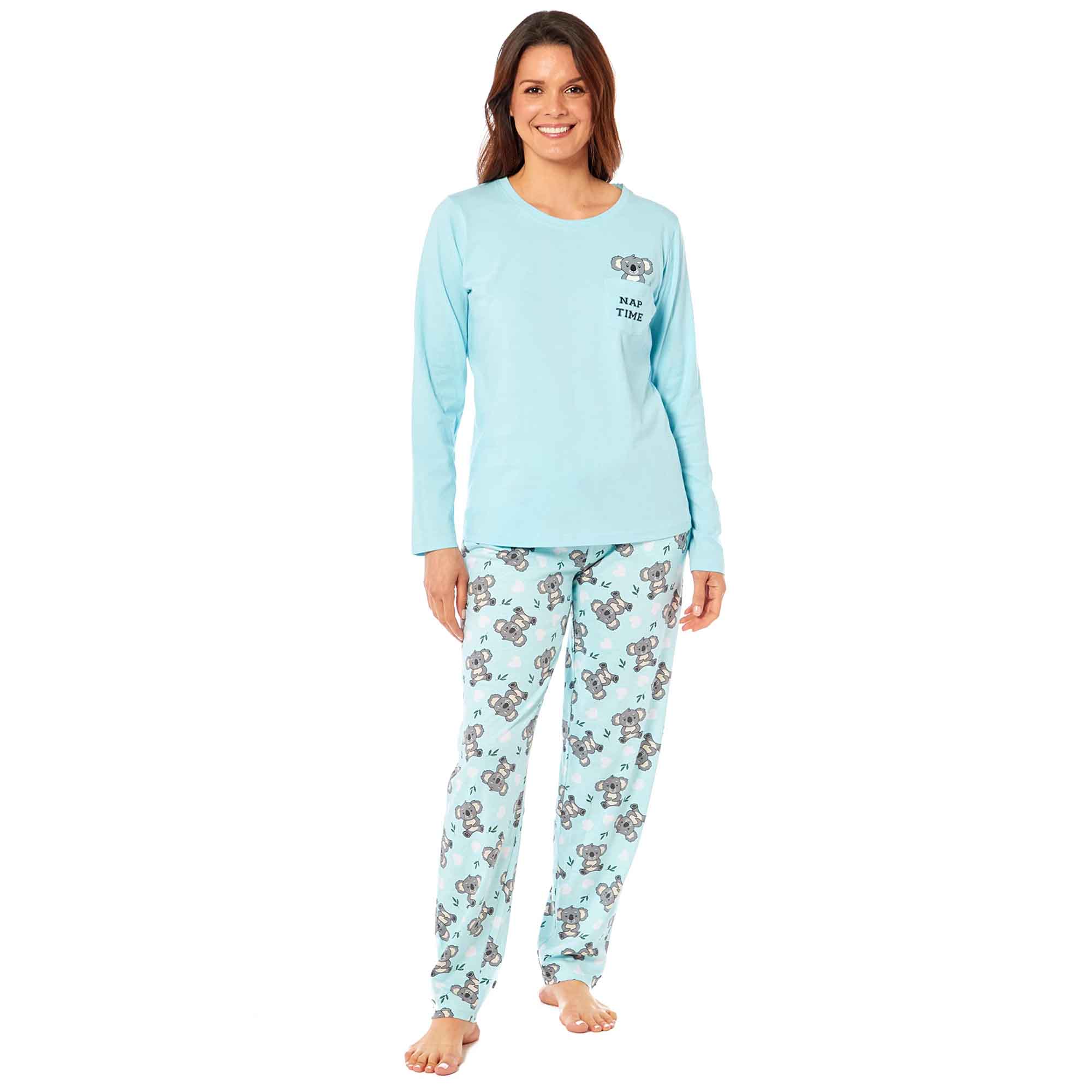 Women's 100% Cotton Koala Bear Print Pyjama Set Comfortable Long Sleeve Top and Elasticated Pants for Sleeping and Lounging Available in Small Medium Large X-Large