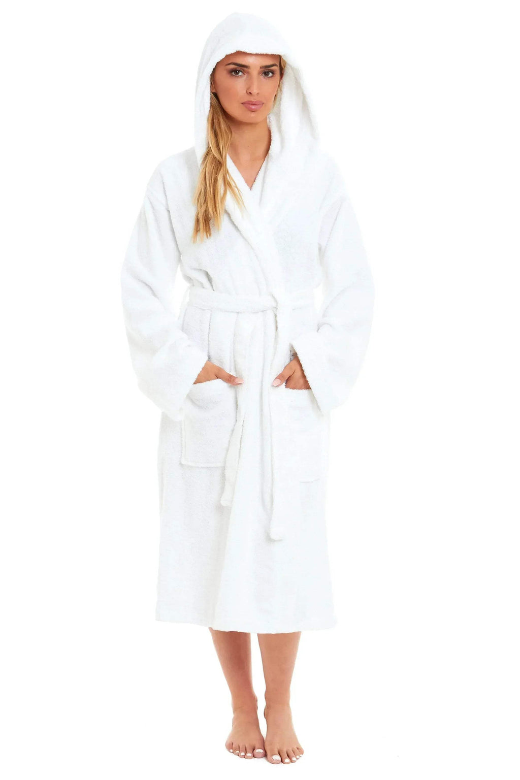 Women’s white hooded towelling robe with belt tie and two front pockets, mid-calf