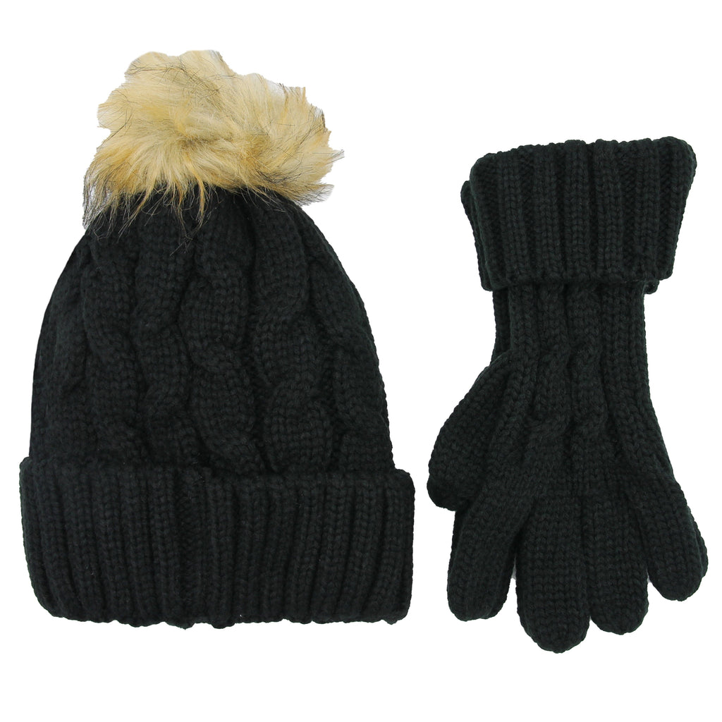 Women's Black Chunky Knit Winter Hat & Gloves Set Faux Fur Pom Pom Warm & Stylish Beanie for Ladies