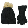 Women's Black Chunky Knit Winter Hat & Gloves Set Faux Fur Pom Pom Warm & Stylish Beanie for Ladies