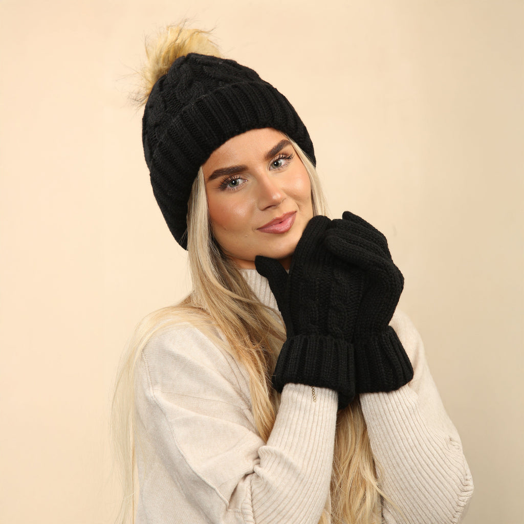 Women's Black Chunky Knit Winter Hat & Gloves Set Faux Fur Pom Pom Warm & Stylish Beanie for Ladies