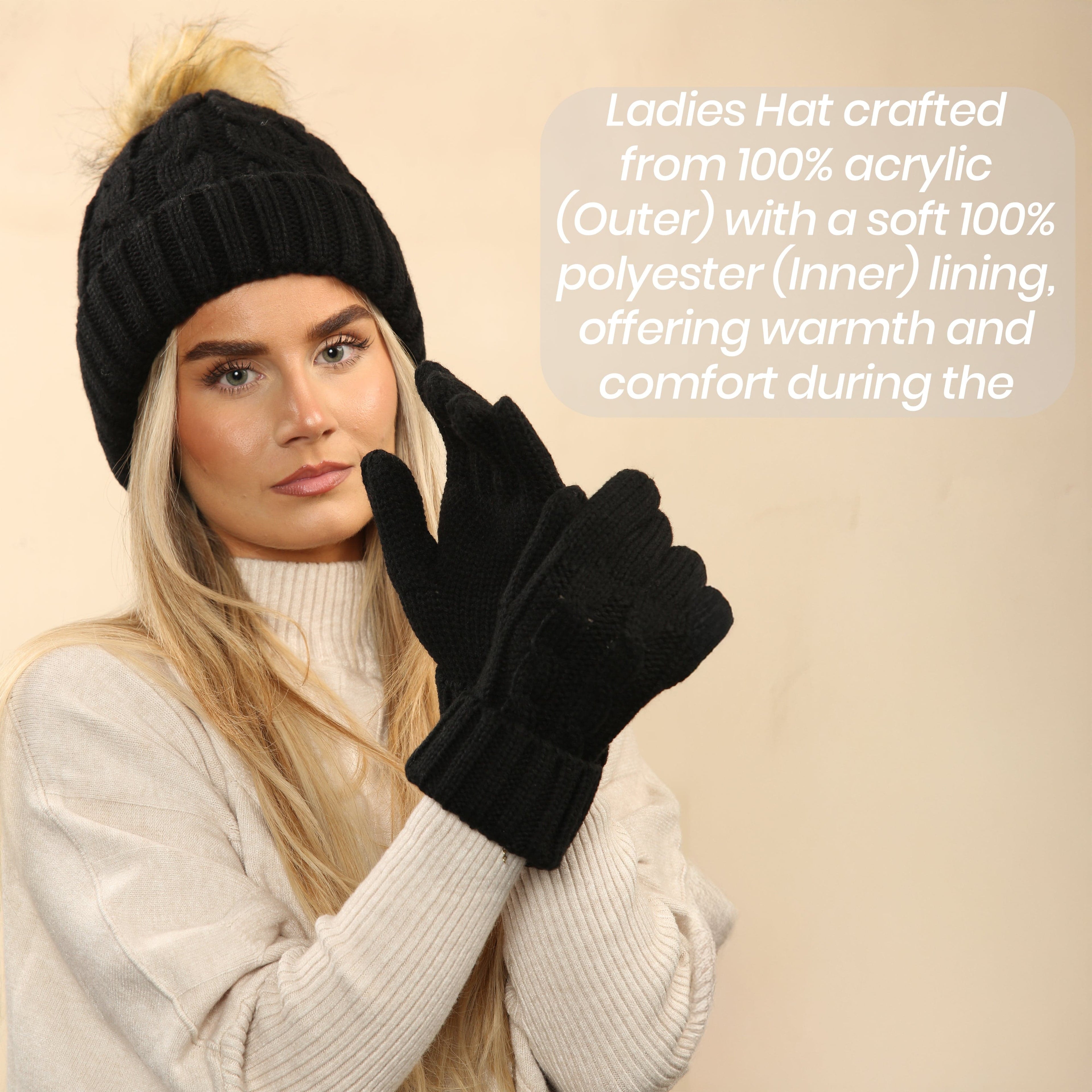 Women's Black Chunky Knit Winter Hat & Gloves Set Faux Fur Pom Pom Warm & Stylish Beanie for Ladies