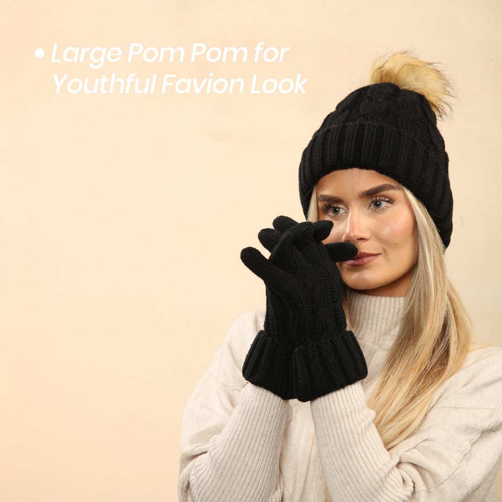Women's Black Chunky Knit Winter Hat & Gloves Set Faux Fur Pom Pom Warm & Stylish Beanie for Ladies