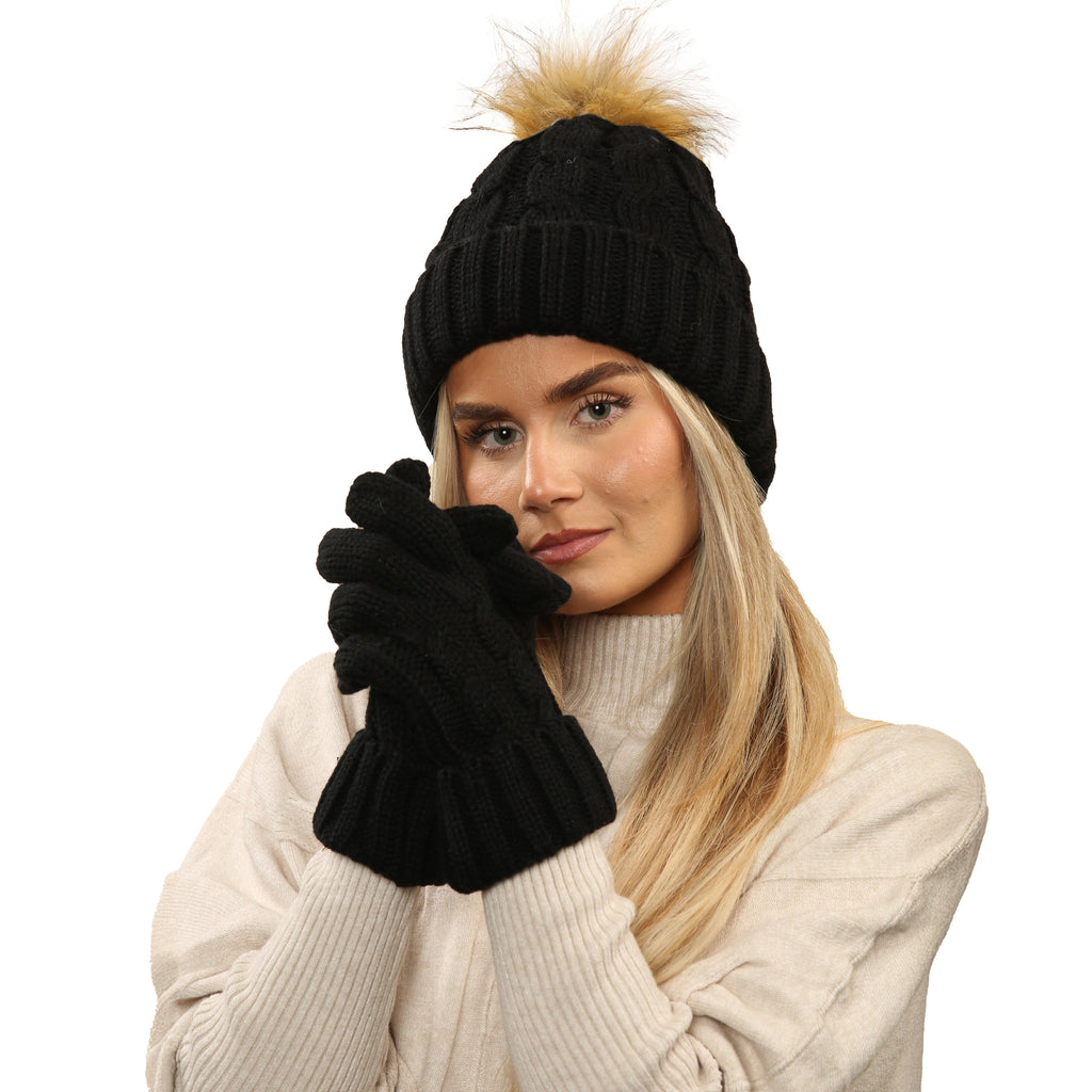 Women's Black Chunky Knit Winter Hat & Gloves Set Faux Fur Pom Pom Warm & Stylish Beanie for Ladies
