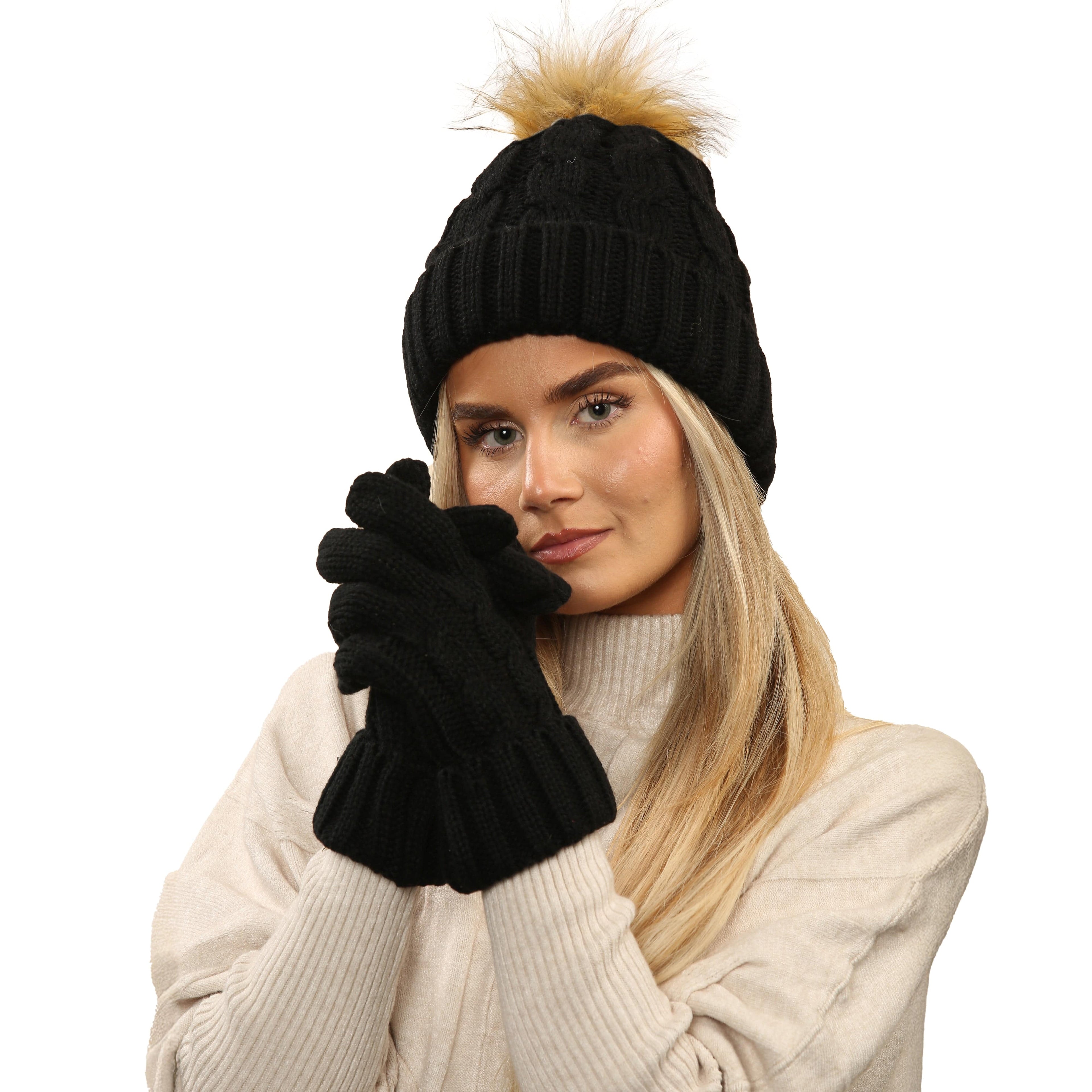 Women's Black Chunky Knit Winter Hat & Gloves Set Faux Fur Pom Pom Warm & Stylish Beanie for Ladies