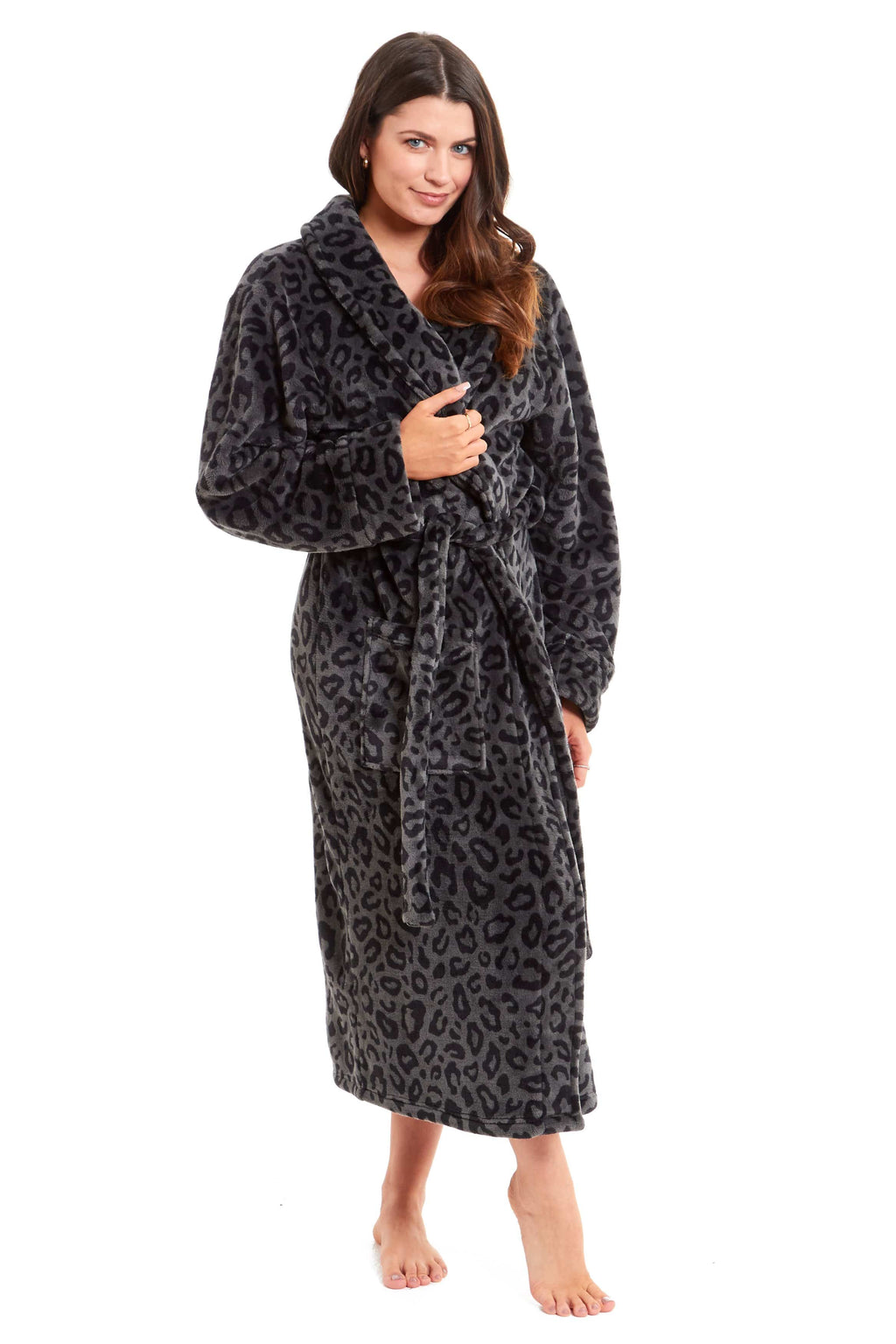 Women's Black Leopard Print Plush Fleece Long Robe with Shawl Collar and Pockets Cozy Loungewear Nightwear