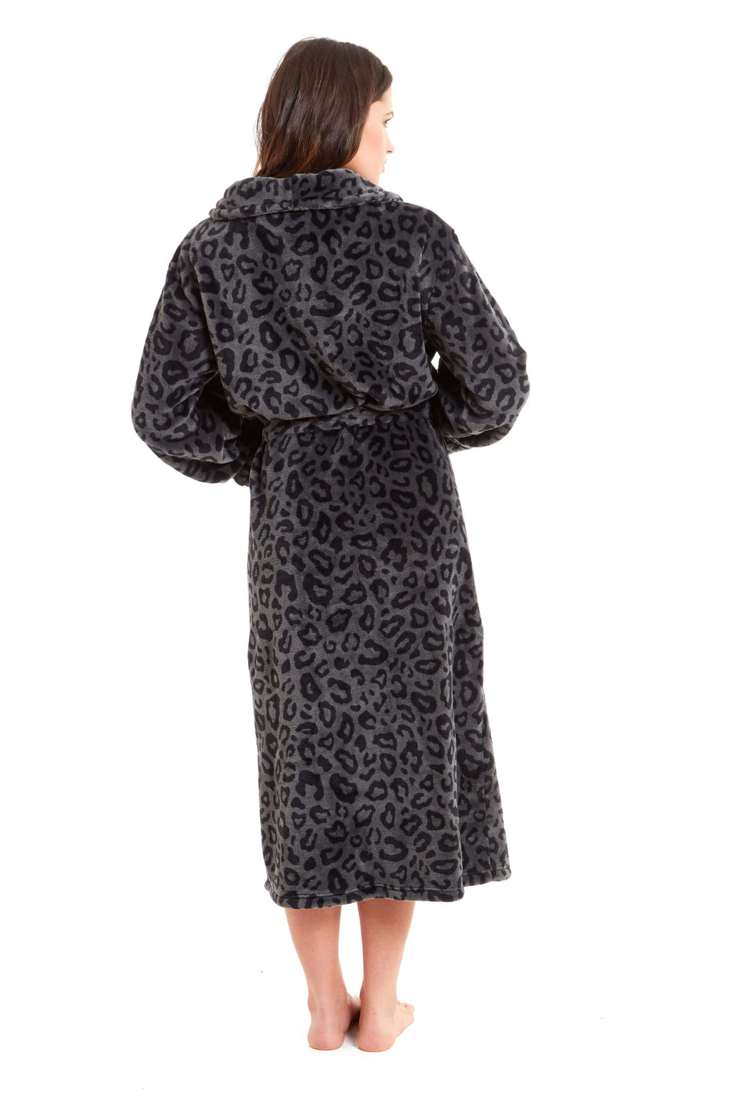Women's Black Leopard Print Plush Fleece Long Robe with Shawl Collar and Pockets Cozy Loungewear Nightwear
