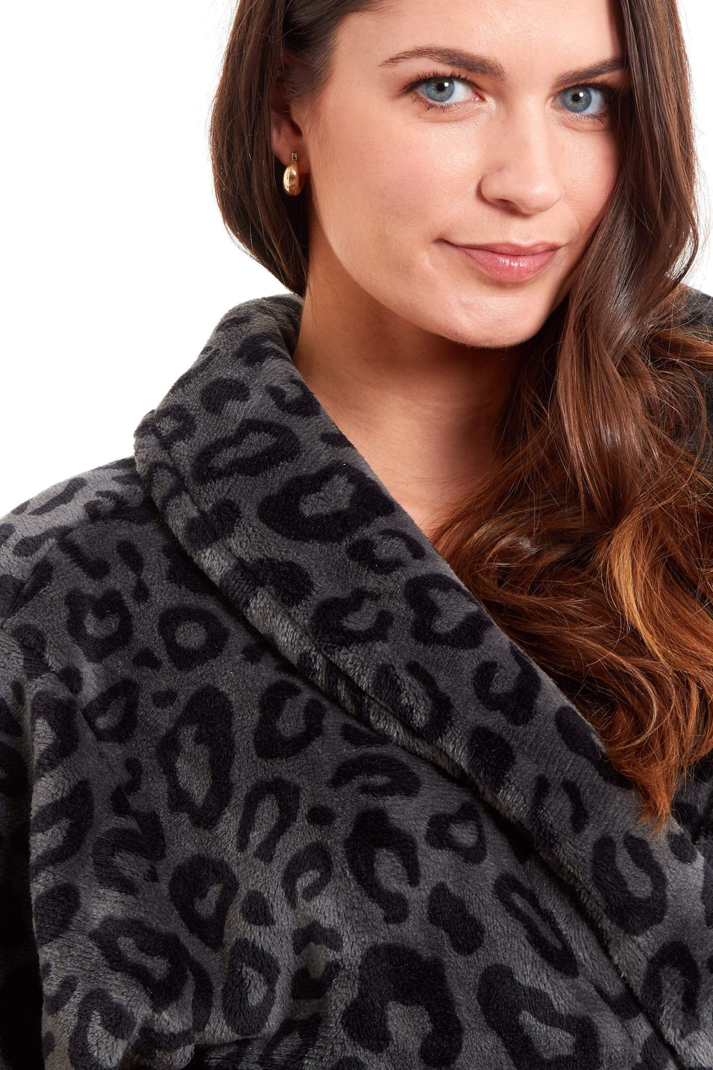 Women's Black Leopard Print Plush Fleece Long Robe with Shawl Collar and Pockets Cozy Loungewear Nightwear