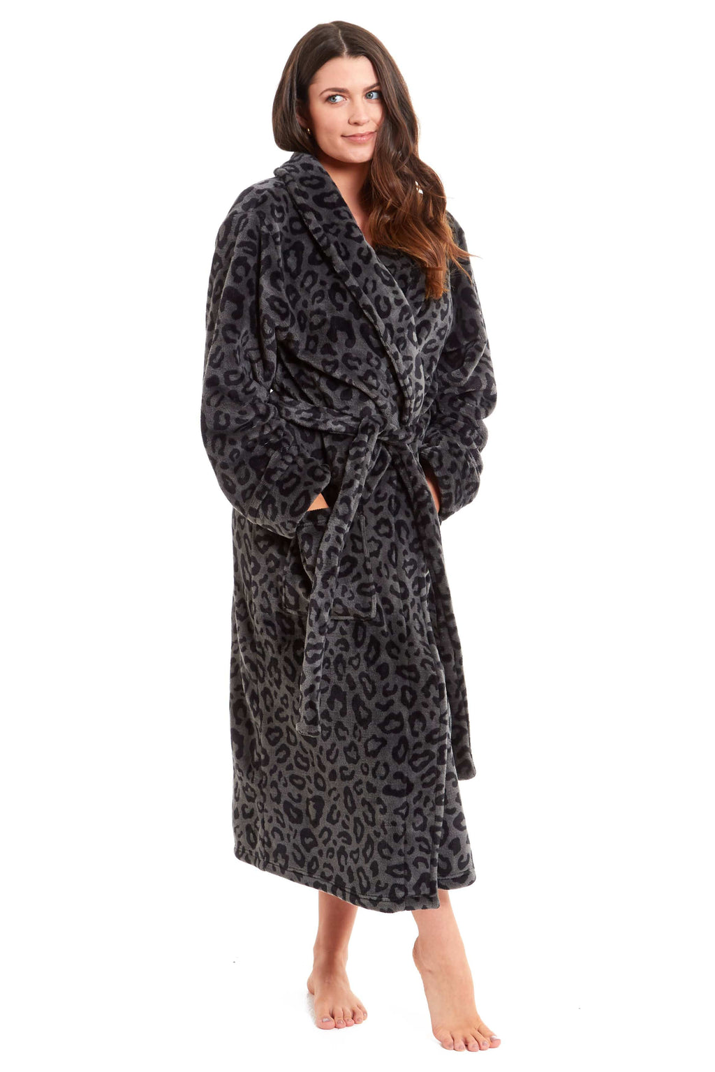Women's Black Leopard Print Plush Fleece Long Robe with Shawl Collar and Pockets Cozy Loungewear Nightwear