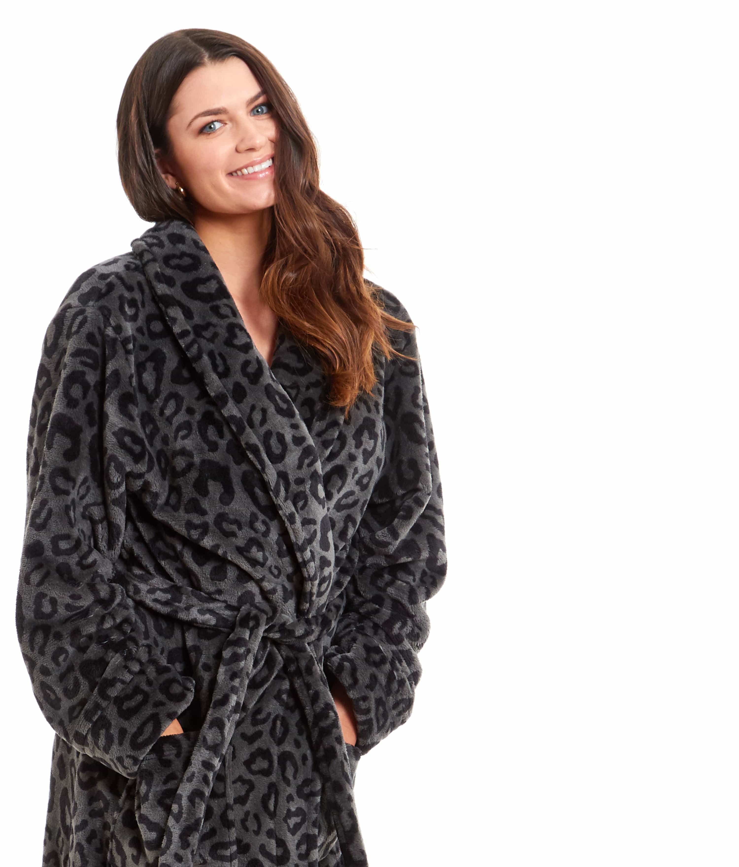 Women's Black Leopard Print Plush Fleece Long Robe with Shawl Collar and Pockets Cozy Loungewear Nightwear