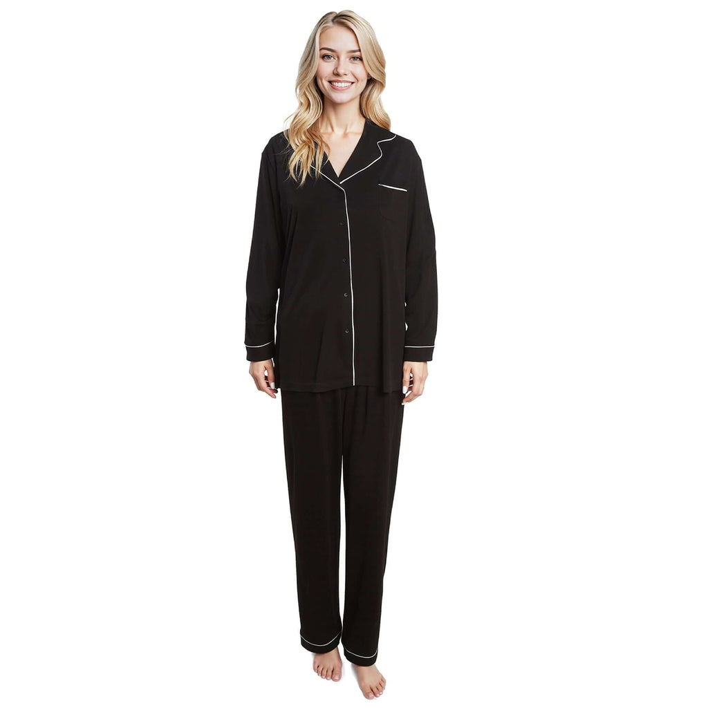 Women's Black Pyjama Set Soft Touch Long Sleeve Button-Up Top & Bottoms Two-Piece Nightwear