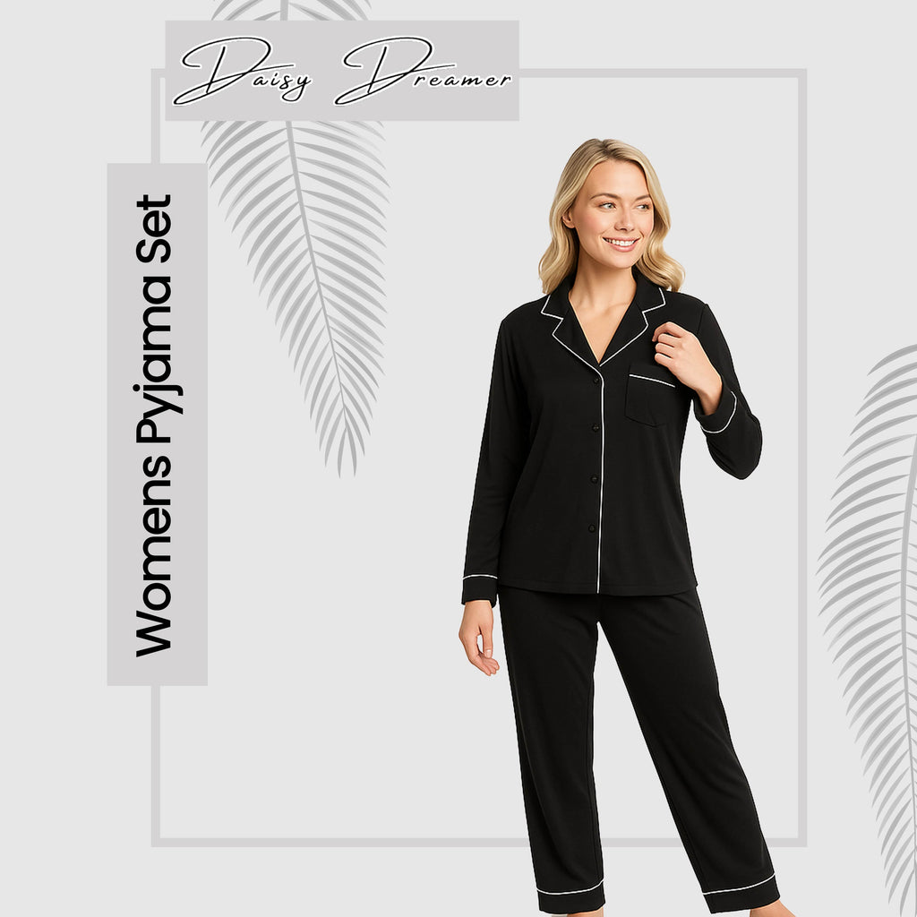 Women's Black Pyjama Set Soft Touch Long Sleeve Button-Up Top & Bottoms Two-Piece Nightwear