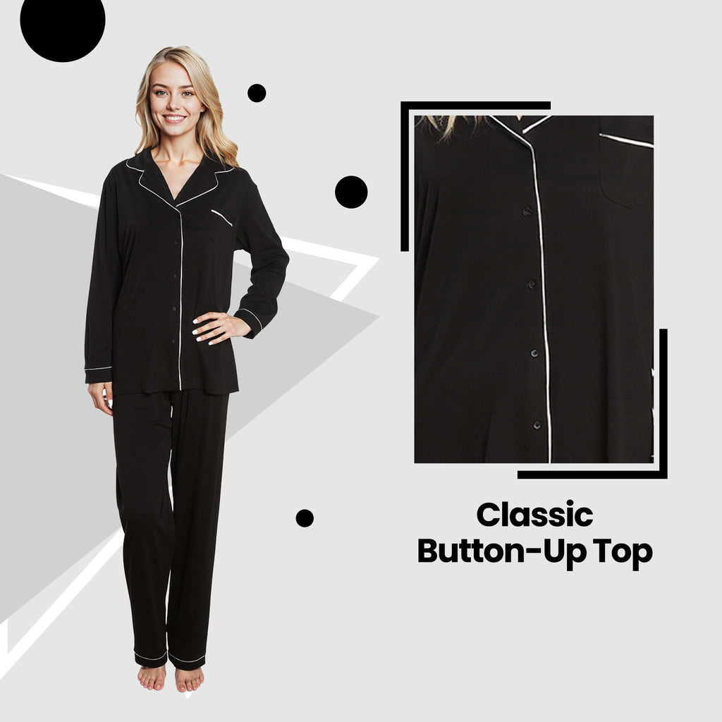 Women's Black Pyjama Set Soft Touch Long Sleeve Button-Up Top & Bottoms Two-Piece Nightwear