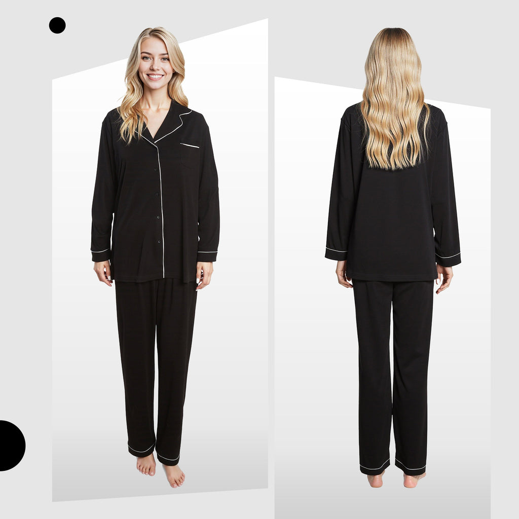 Women's Black Pyjama Set Soft Touch Long Sleeve Button-Up Top & Bottoms Two-Piece Nightwear