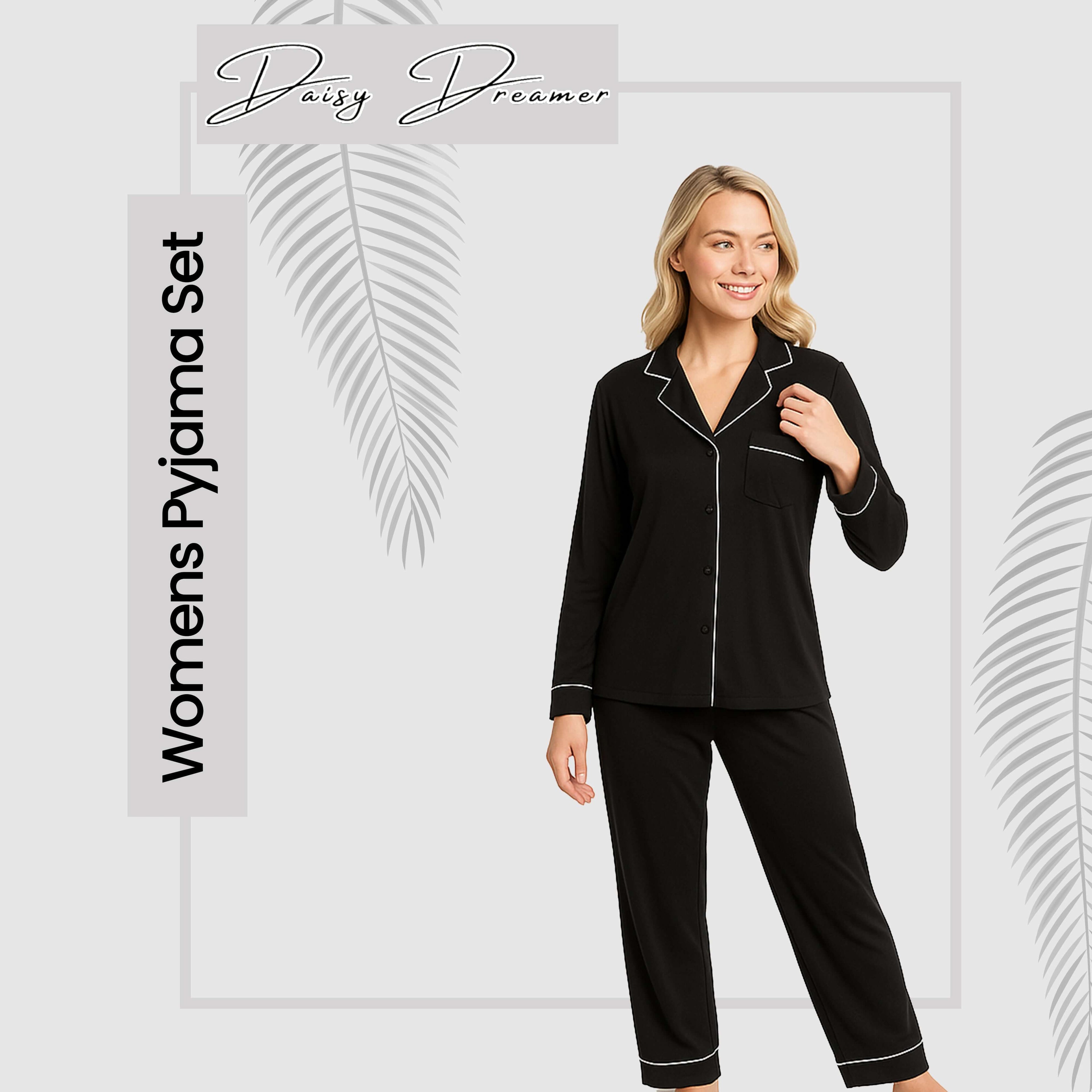 Women's Black Pyjama Set Soft Touch Long Sleeve Button-Up Top & Bottoms Two-Piece Nightwear