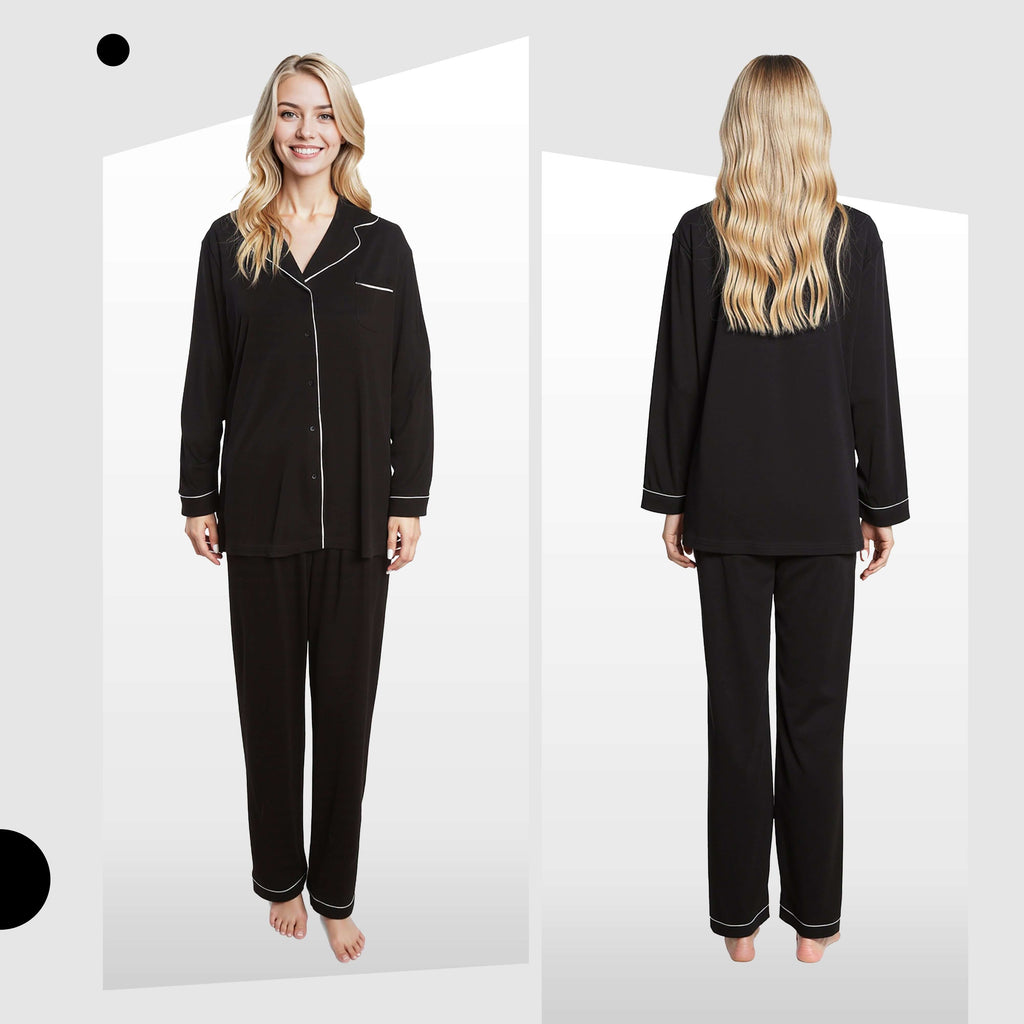 Women's Black Pyjama Set Soft Touch Long Sleeve Button-Up Top & Bottoms Two-Piece Nightwear