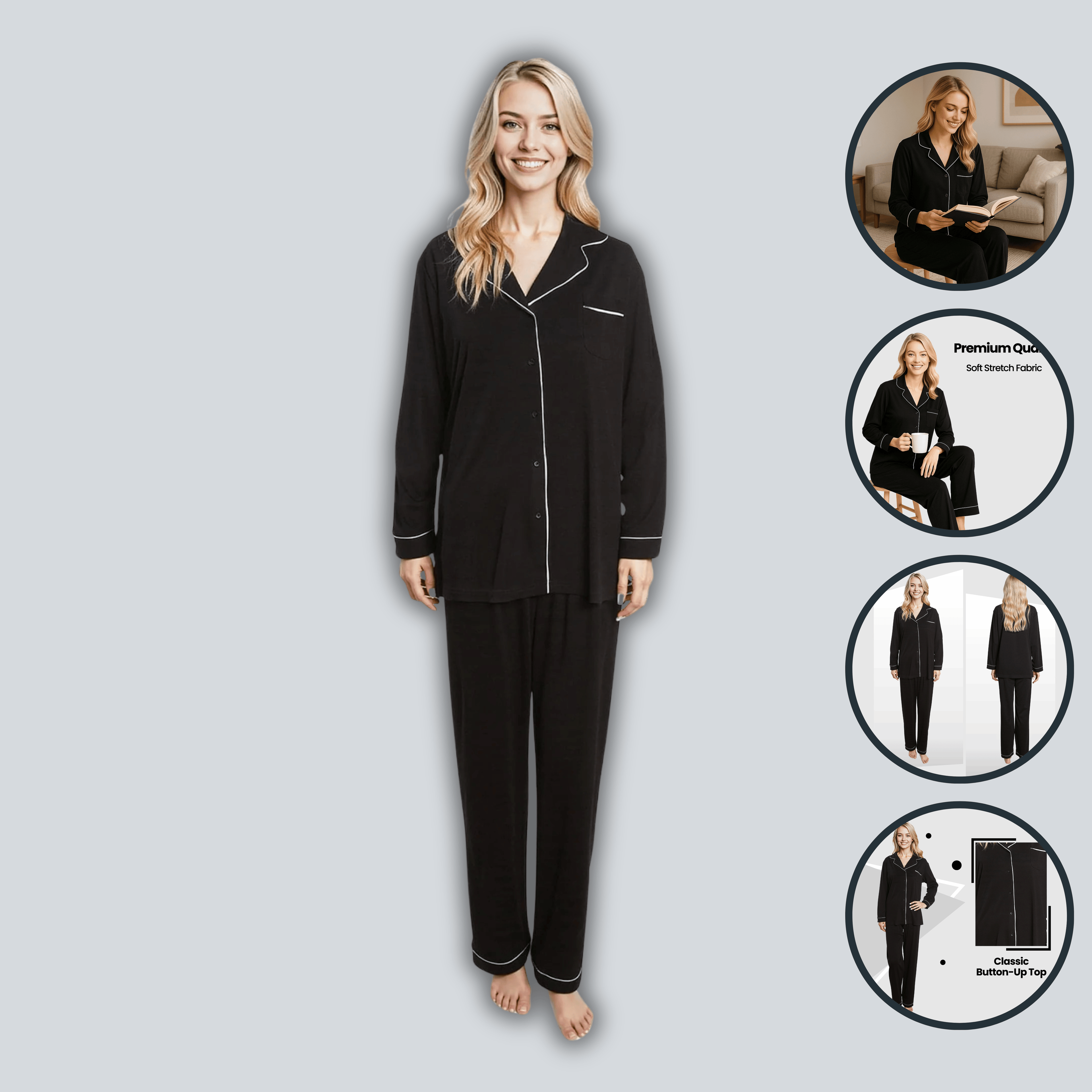Women's Black Pyjama Set Soft Touch Long Sleeve Button-Up Top & Bottoms Two-Piece Nightwear