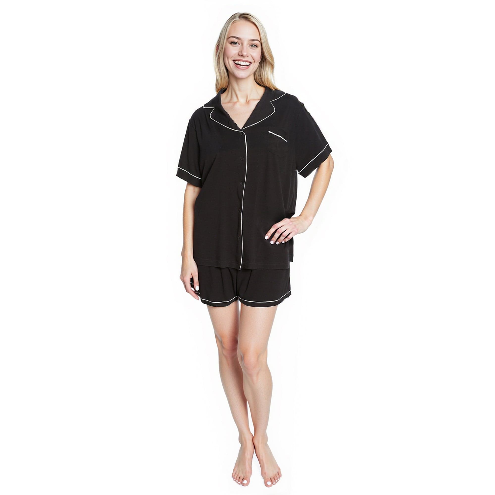 Women's Black Short Pyjama Set Super Soft Sleepwear Nightwear Button Up Top and Shorts with Pockets PJs