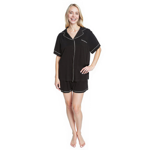 Women's Black Short Pyjama Set Super Soft Sleepwear Nightwear Button Up Top and Shorts with Pockets PJs