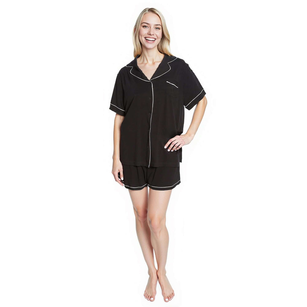 Women's Black Short Pyjama Set Super Soft Sleepwear Nightwear Button Up Top and Shorts with Pockets PJs