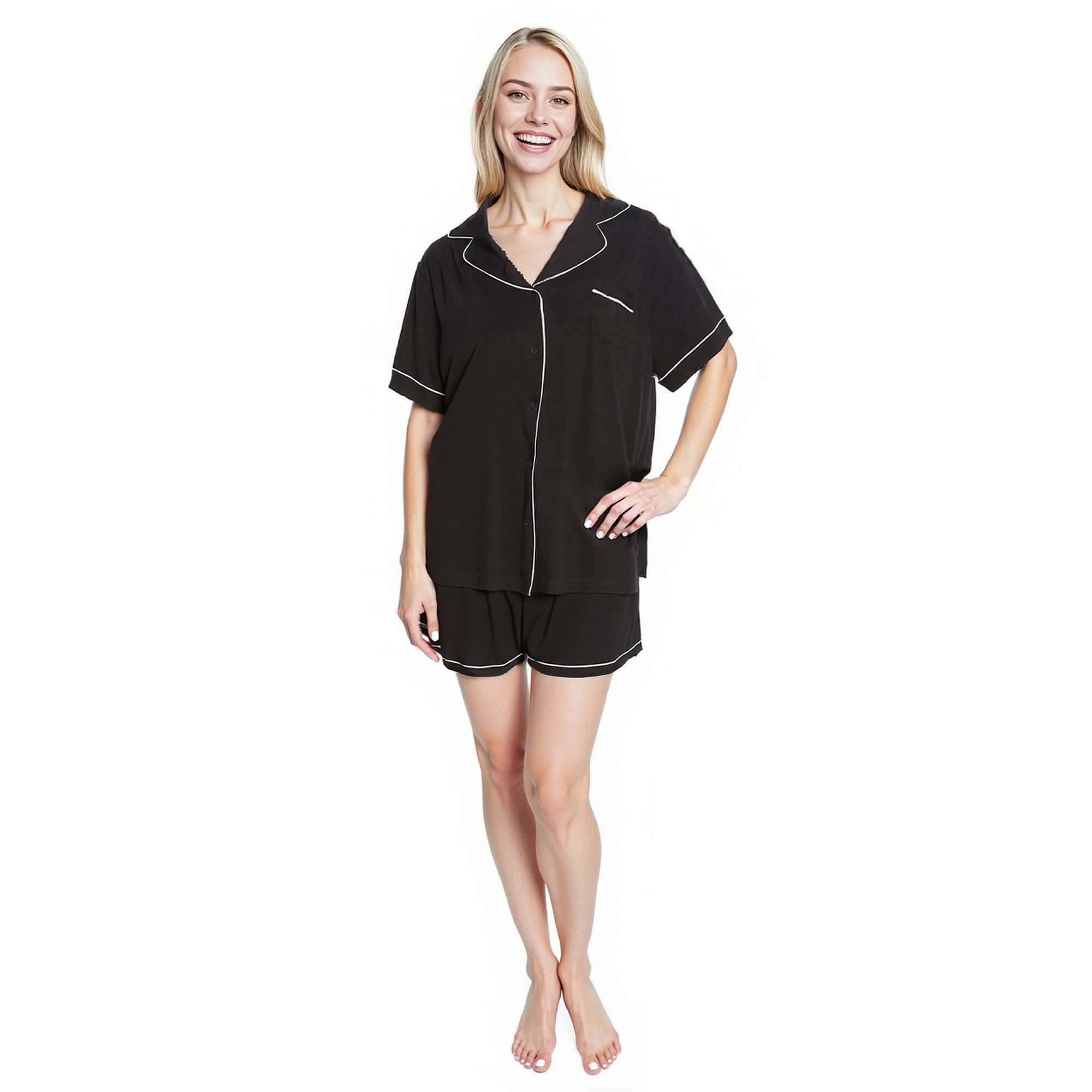 Women's Black Short Pyjama Set Super Soft Sleepwear Nightwear Button Up Top and Shorts with Pockets PJs