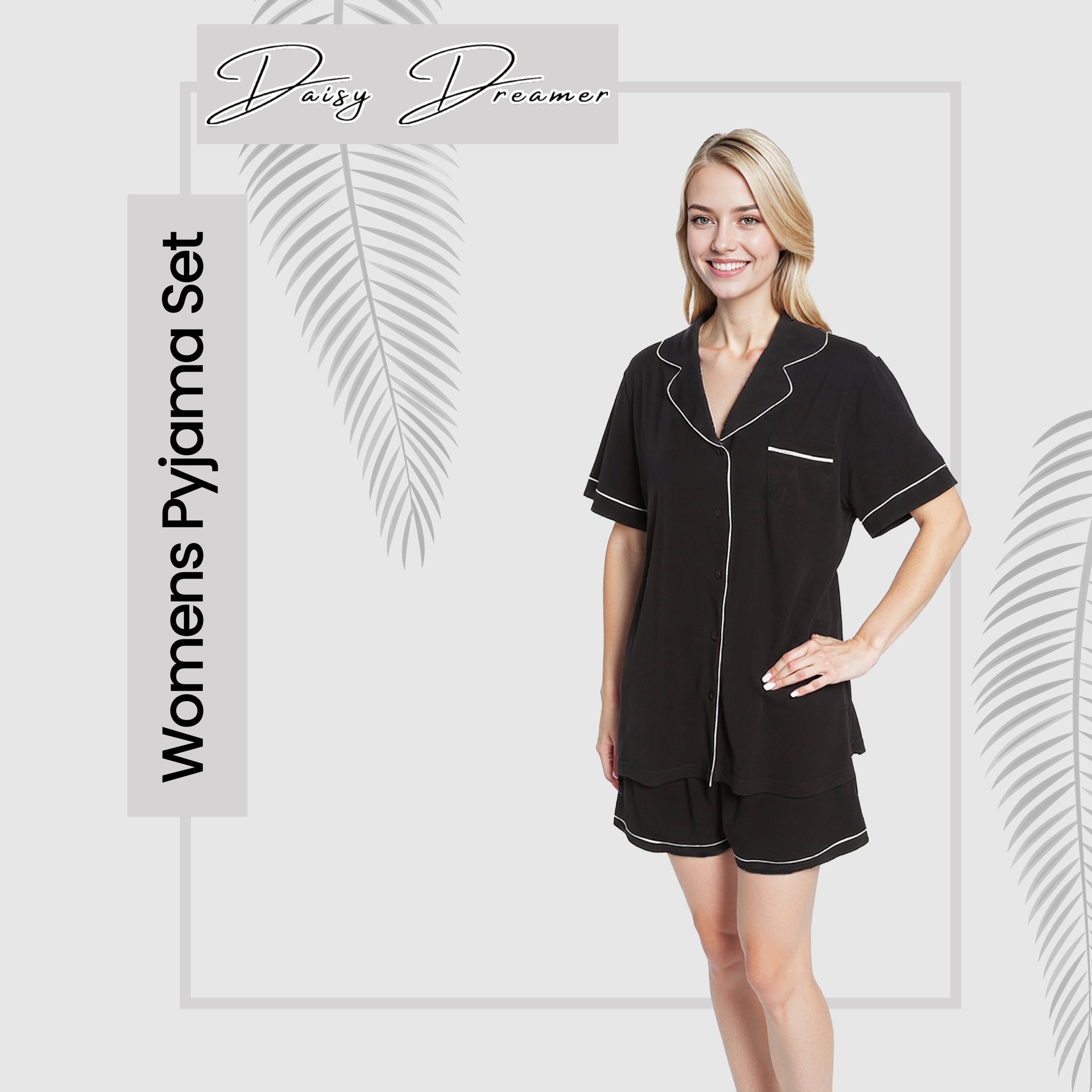 Women's Black Short Pyjama Set Super Soft Sleepwear Nightwear Button Up Top and Shorts with Pockets PJs