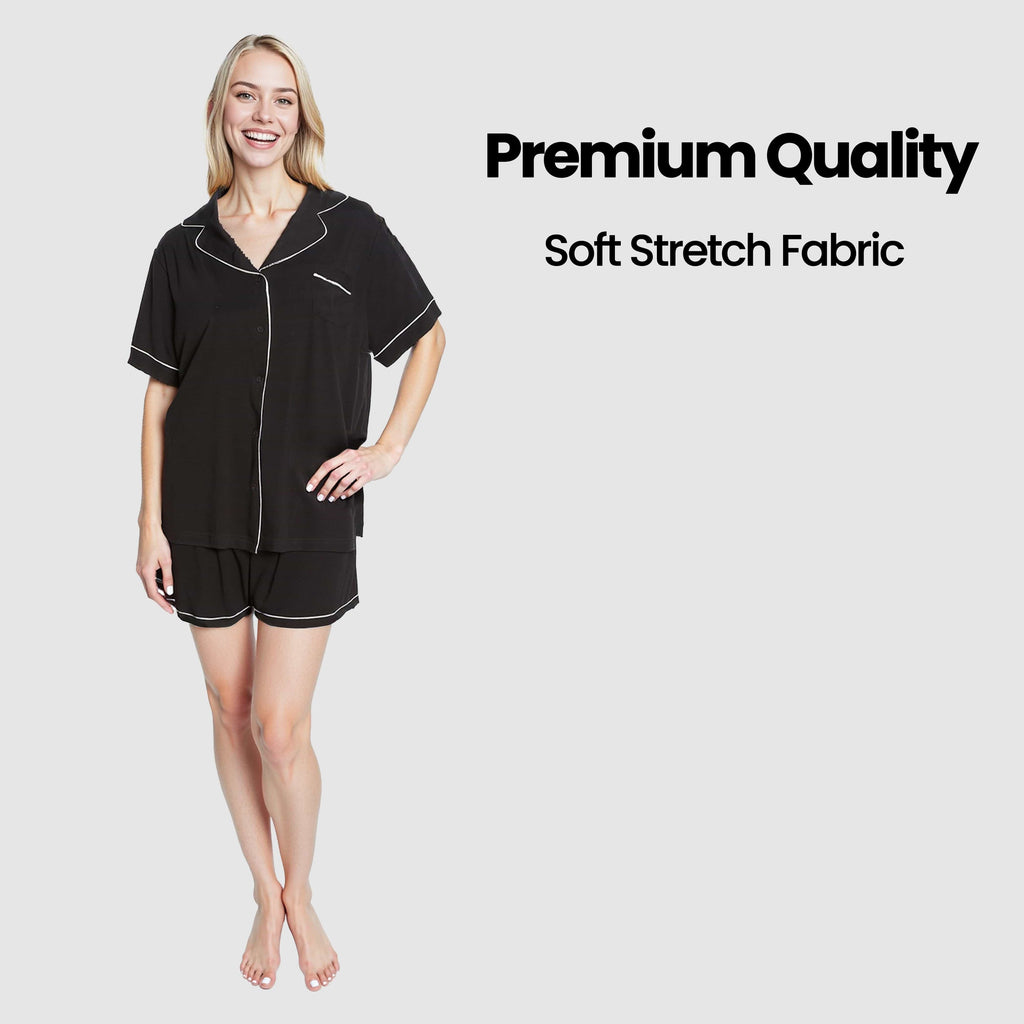 Women's Black Short Pyjama Set Super Soft Sleepwear Nightwear Button Up Top and Shorts with Pockets PJs
