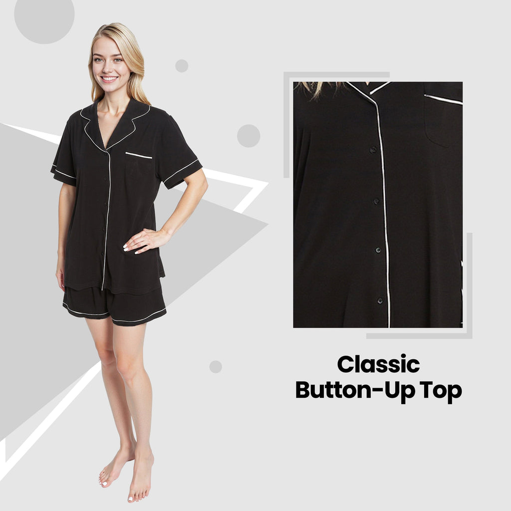 Women's Black Short Pyjama Set Super Soft Sleepwear Nightwear Button Up Top and Shorts with Pockets PJs