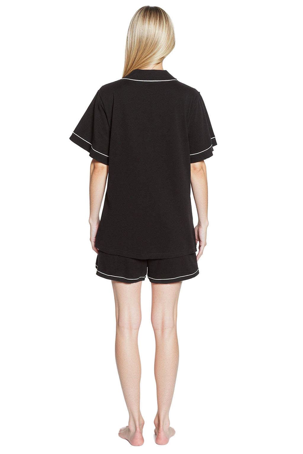 Women's Black Short Pyjama Set Super Soft Sleepwear Nightwear Button Up Top and Shorts with Pockets PJs