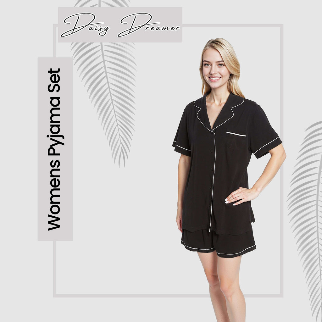 Women's Black Short Pyjama Set Super Soft Sleepwear Nightwear Button Up Top and Shorts with Pockets PJs