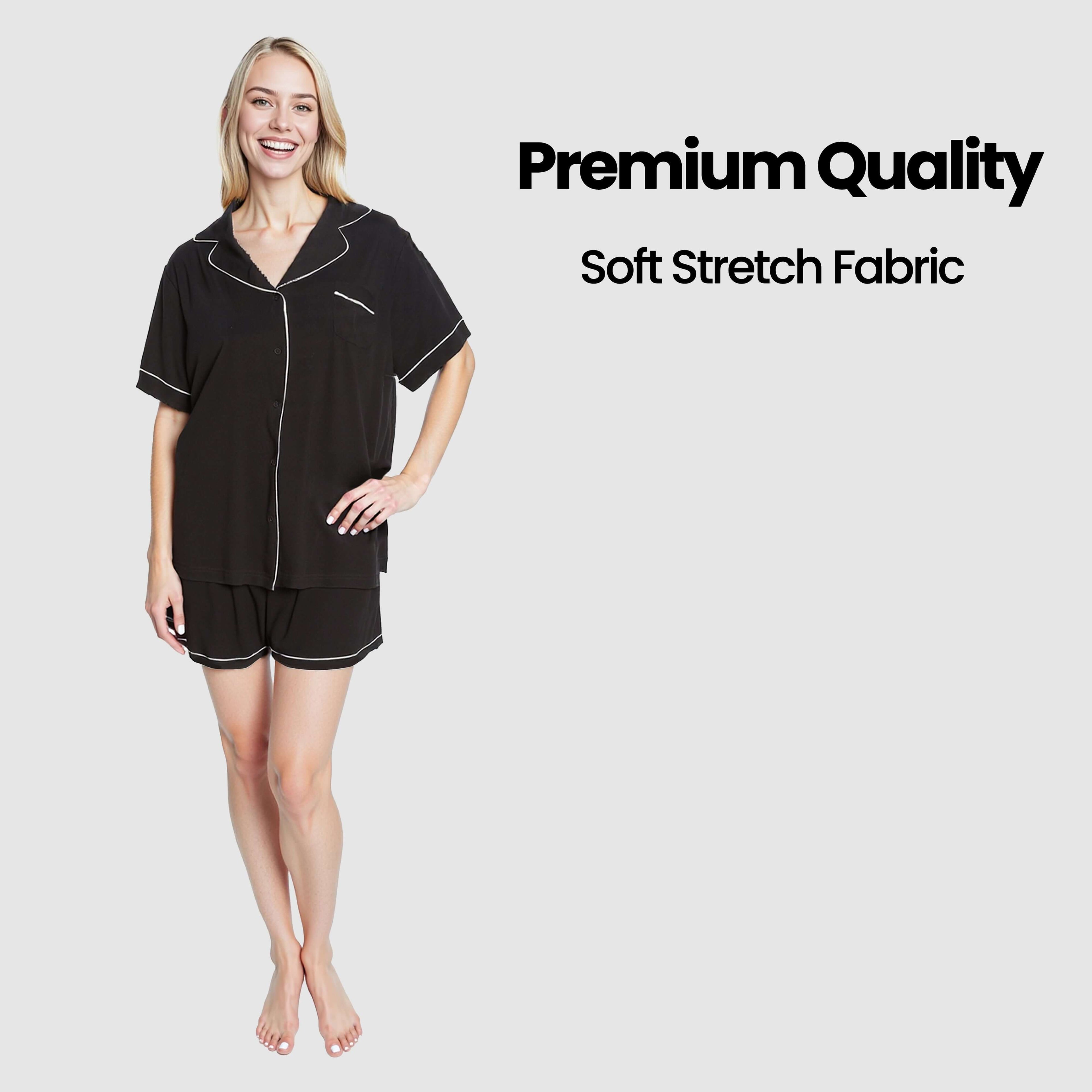 Women's Black Short Pyjama Set Super Soft Sleepwear Nightwear Button Up Top and Shorts with Pockets PJs